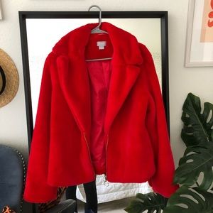 Red faux fur moto jacket
